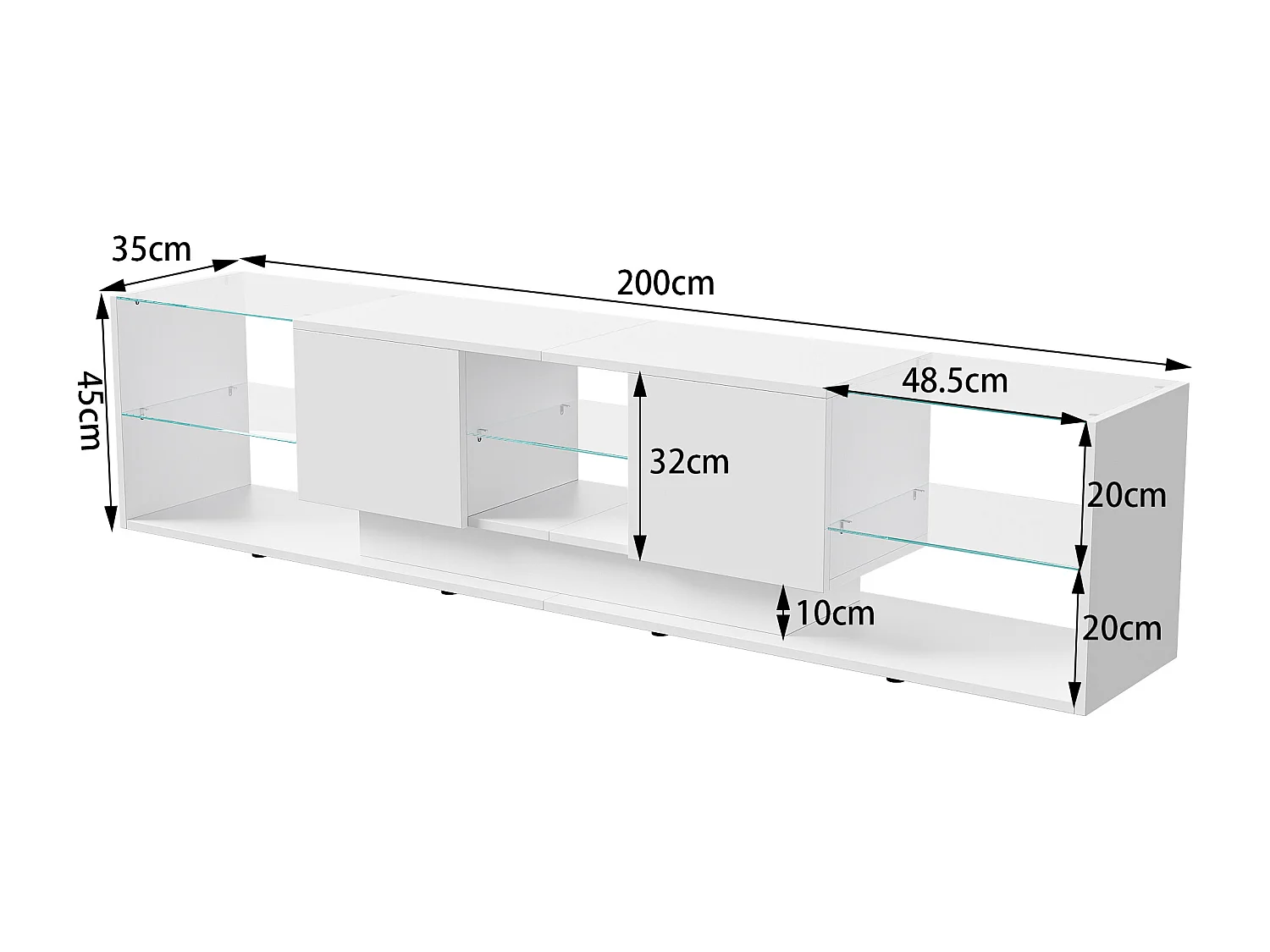 Meuble TV 200 cm - RGB LED - 2 tiroirs - sans poignée - Verre trempé et bois  - Salon - 200 x 35 x 45 cm - blanc