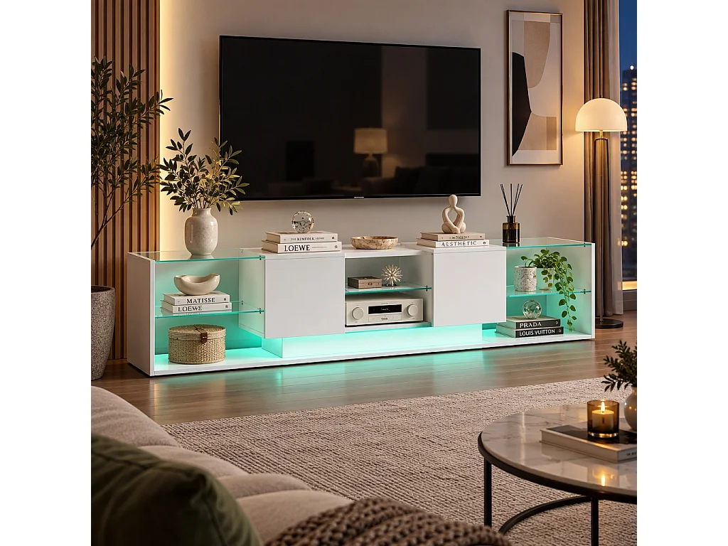 Meuble TV 200 cm - RGB LED - 2 tiroirs - sans poignée - Verre trempé et bois  - Salon - 200 x 35 x 45 cm - blanc