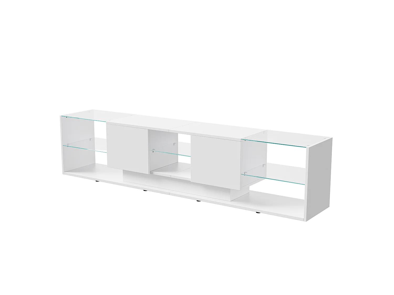Meuble TV 200 cm - RGB LED - 2 tiroirs - sans poignée - Verre trempé et bois  - Salon - 200 x 35 x 45 cm - blanc