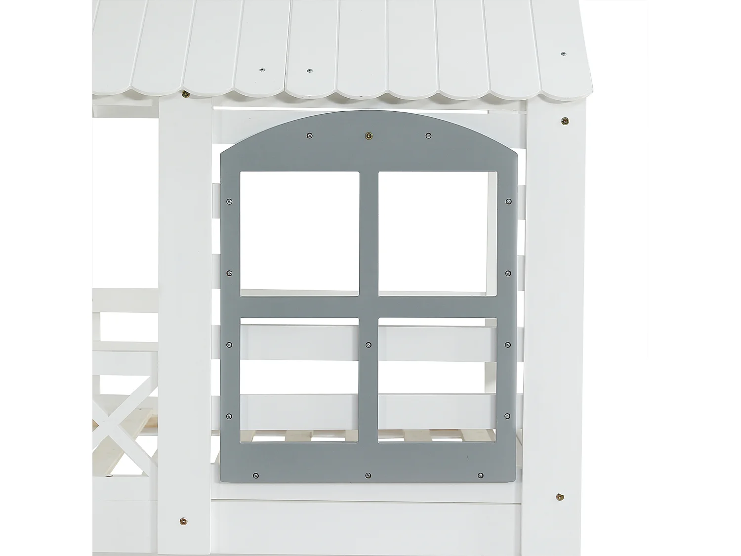 Lit superposé enfant, avec toit et fenêtre, 3 compartiments de rangement dans l'escalier, blanc et gris, 90 x 200 cm