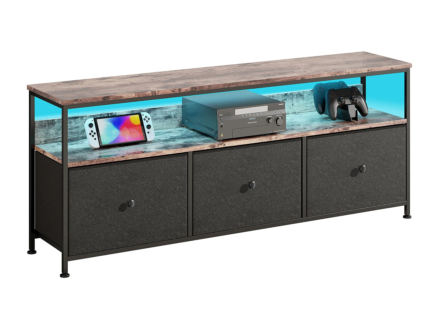 Meuble TV LED - Style rétro - PU - Panneaux de particules - 3 tiroirs 1 etagère - Meuble de rangement - 108x29x57 cm - Noir