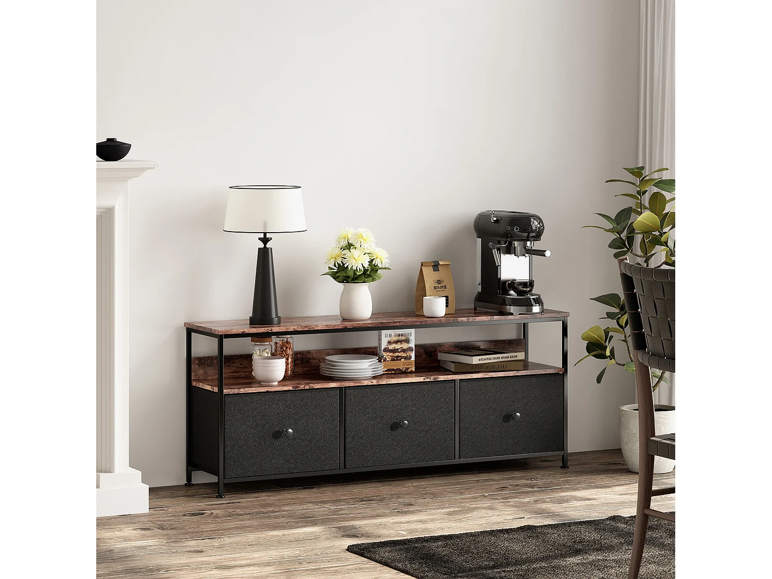 Meuble TV LED - Style rétro - PU - Panneaux de particules - 3 tiroirs 1 etagère - Meuble de rangement - 108x29x57 cm - Noir