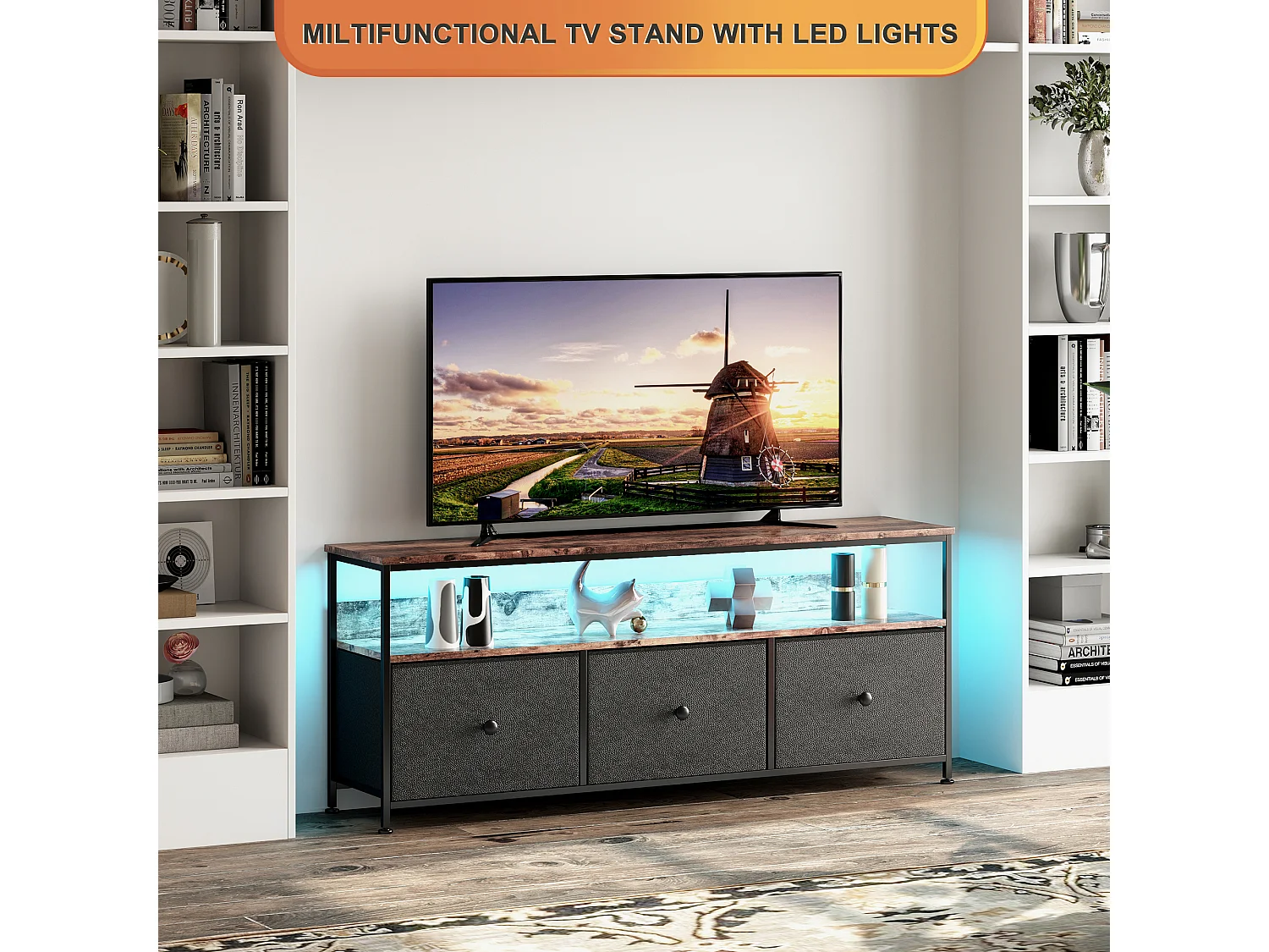 LED tv-meubel - Retro stijl - PU - Spaanplaat - 3 lades, 1 plank - Opbergmeubel - 108x29x57 cm - Zwart