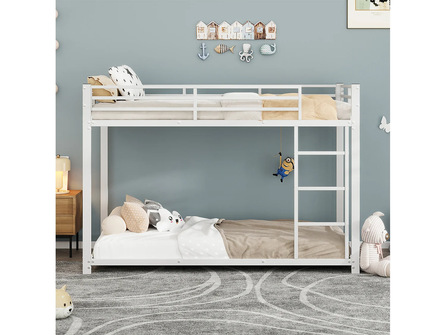 Lit superposé enfant - 90x200 cm - Métal - Escaliers et garde-corps - Blanc