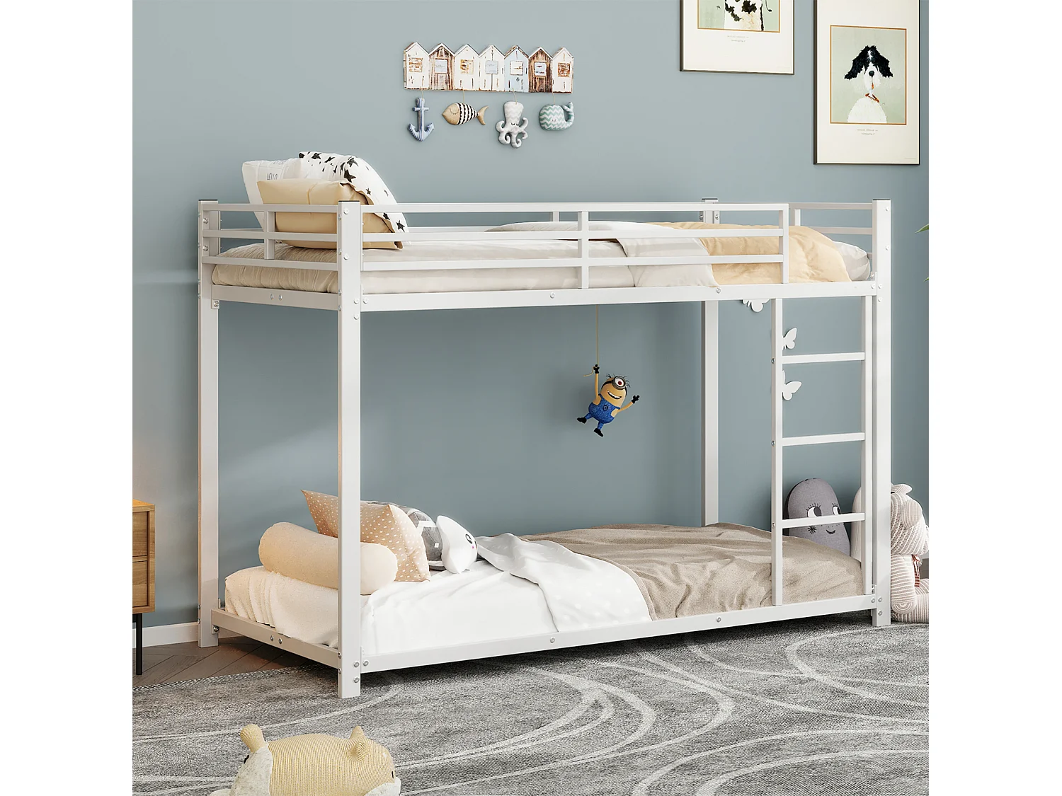 Lit superposé enfant - 90x200 cm - Métal - Escaliers et garde-corps - Blanc