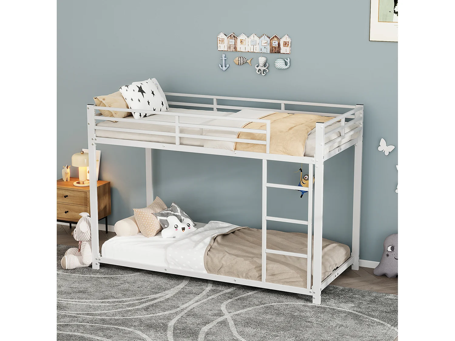 Lit superposé enfant - 90x200 cm - Métal - Escaliers et garde-corps - Blanc