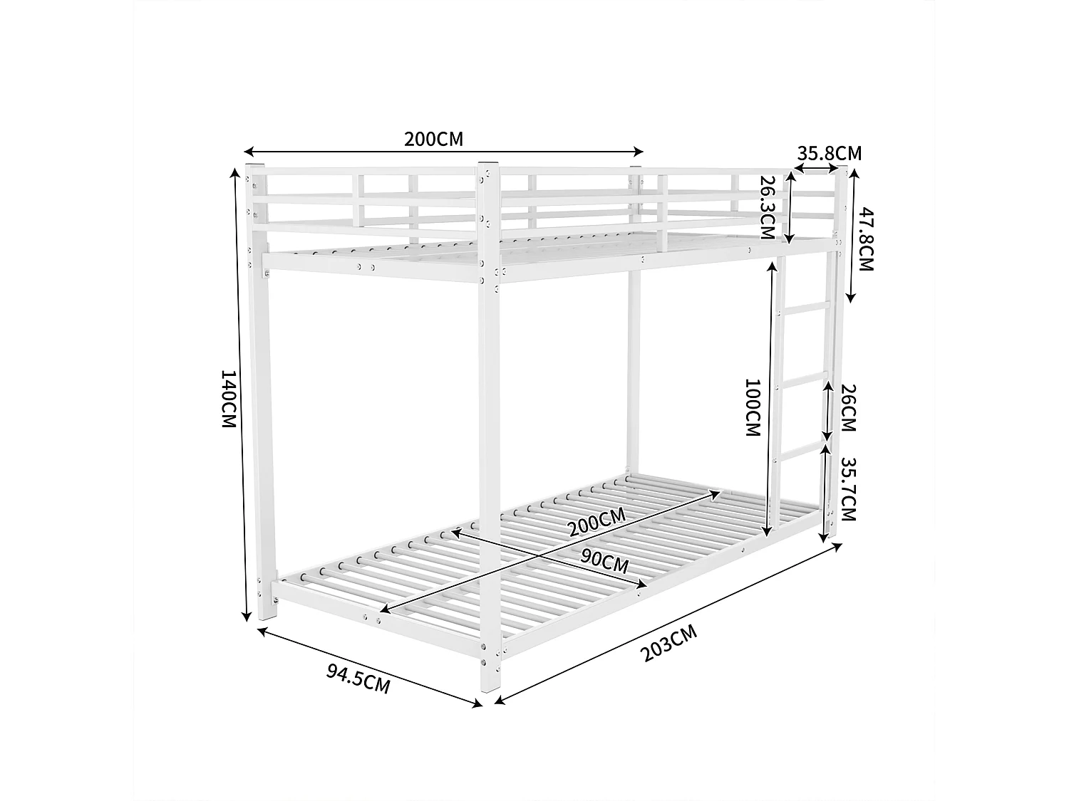 Lit superposé enfant - 90x200 cm - Métal - Escaliers et garde-corps - Blanc