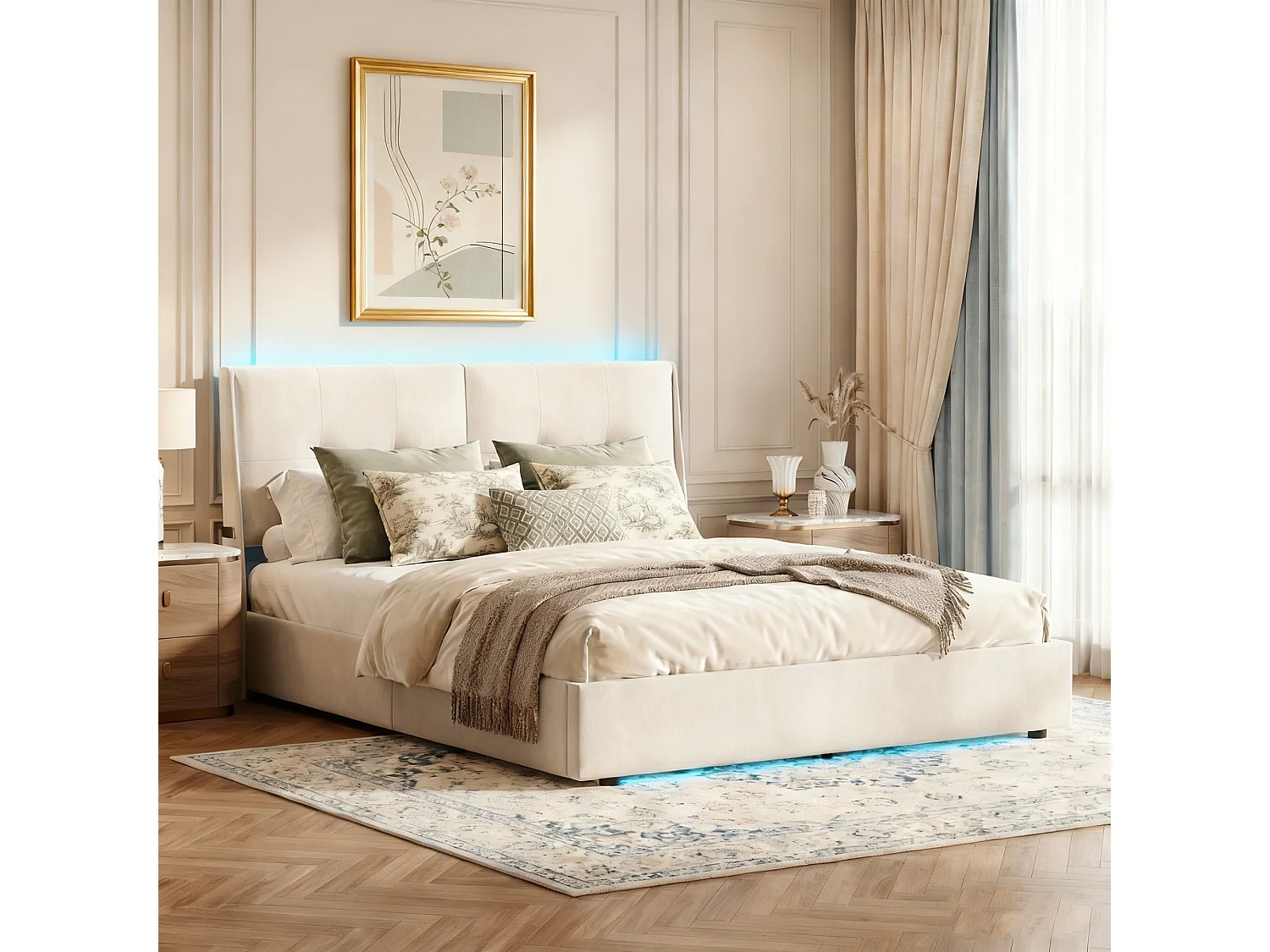 Lit coffre 140x190 - POCKETPOP - Velours beige - Tête de lit avec led - Cadre de Lit avec Sommier à Lattes en Bois - 2 places