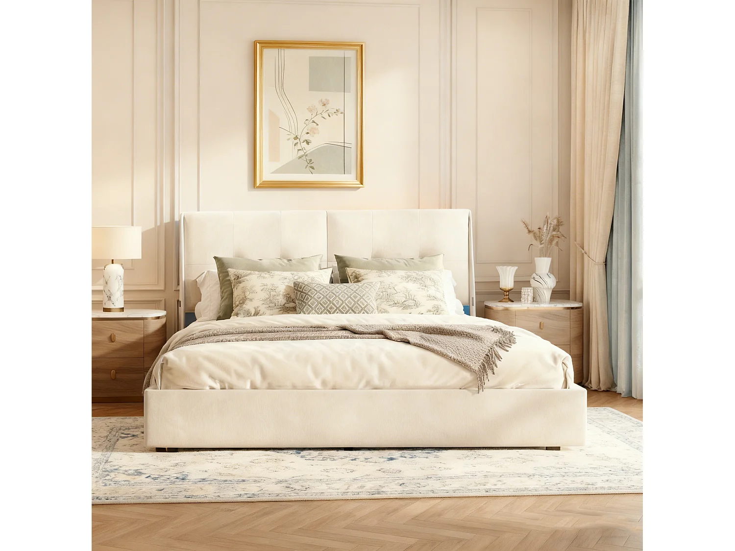 Lit coffre 140x190 - POCKETPOP - Velours beige - Tête de lit avec led - Cadre de Lit avec Sommier à Lattes en Bois - 2 places