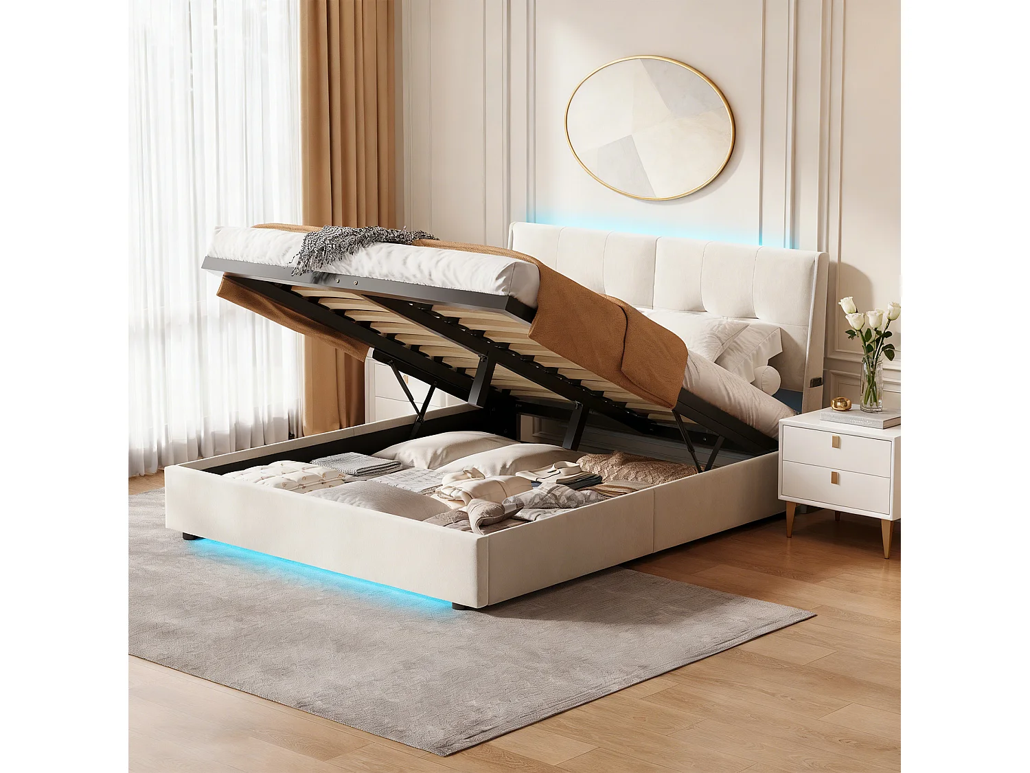 Lit coffre 140x190 - POCKETPOP - Velours beige - Tête de lit avec led - Cadre de Lit avec Sommier à Lattes en Bois - 2 places