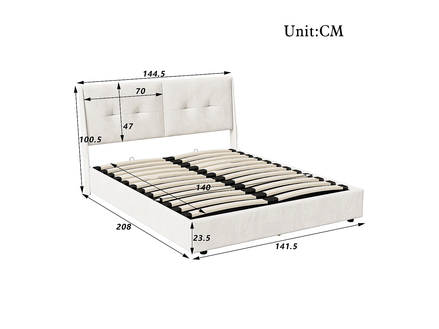 Lit coffre 140x190 - POCKETPOP - Velours beige - Tête de lit avec led - Cadre de Lit avec Sommier à Lattes en Bois - 2 places