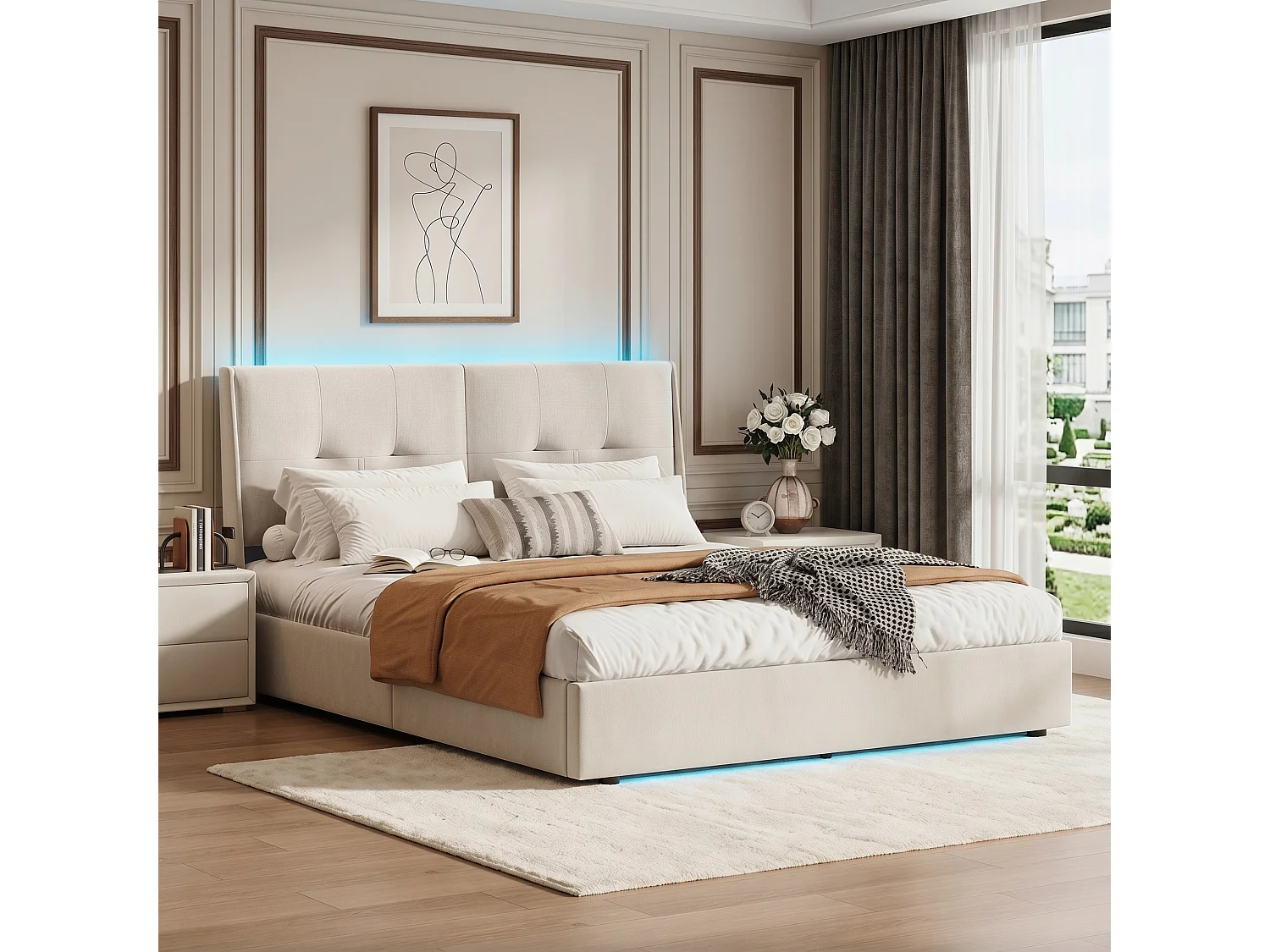 Lit coffre 140x190 cm 2 places avec rangement, tête de lit LED, sommier à lattes en bois, velours beige
