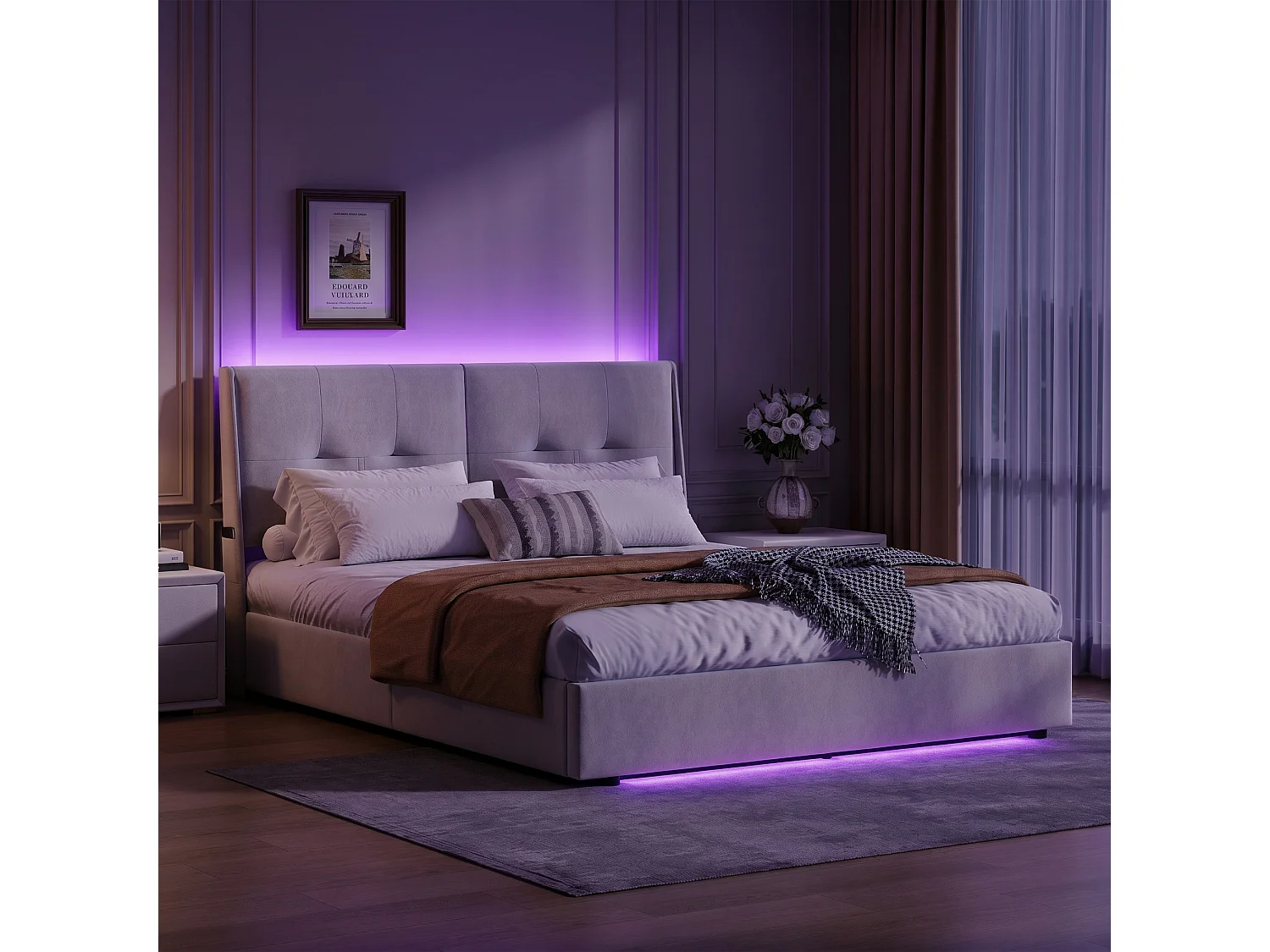 Lit coffre 140x190 cm 2 places avec rangement, tête de lit LED, sommier à lattes en bois, velours beige