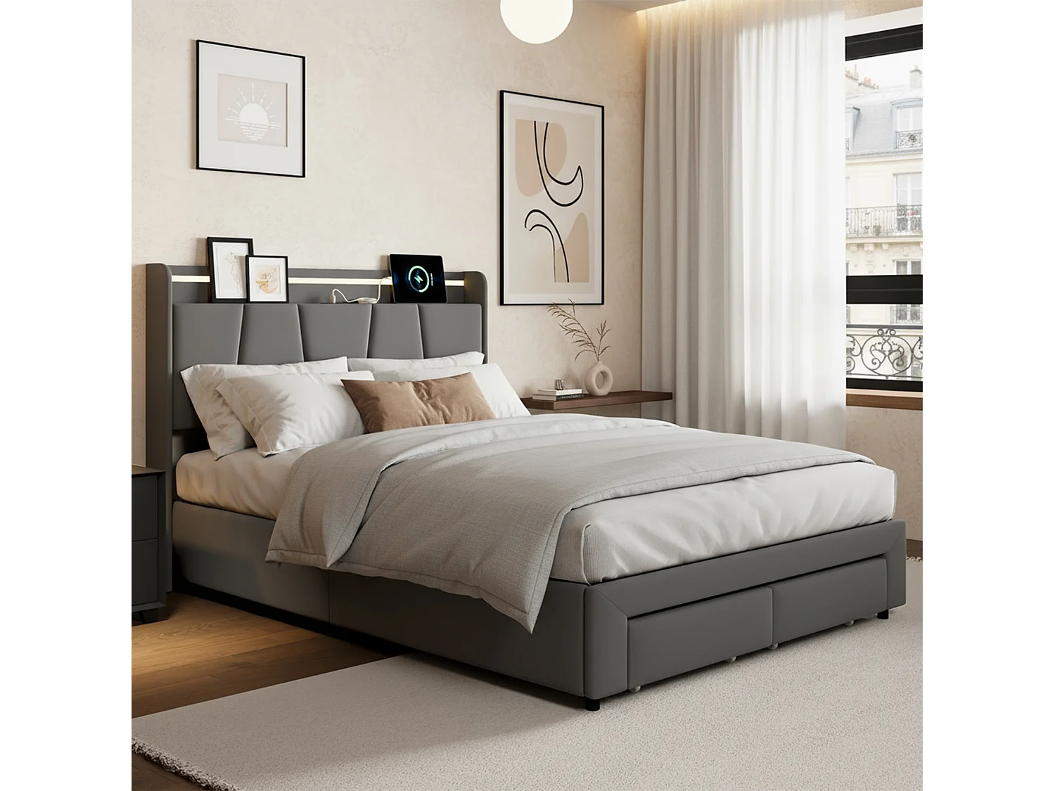 Lit 140x190 cm - NEXU - LED - USB et Type C - tissu en lin - 2 tiroirs - cadre de lit coffre 140x190 cm - Gris foncé