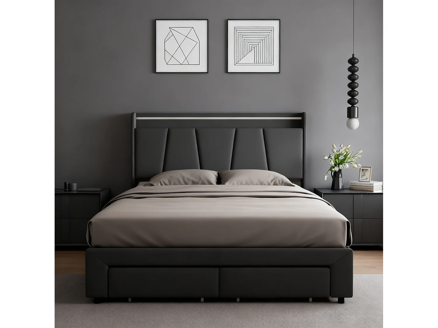 Lit 140x190 cm - NEXU - LED - USB et Type C - tissu en lin - 2 tiroirs - cadre de lit coffre 140x190 cm - Gris foncé
