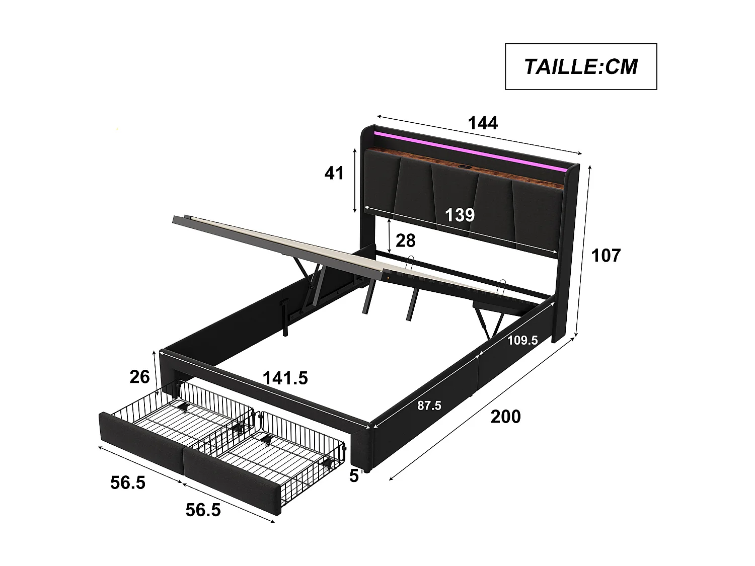 Lit 140x190 cm - NEXU - LED - USB et Type C - tissu en lin - 2 tiroirs - cadre de lit coffre 140x190 cm - Gris foncé