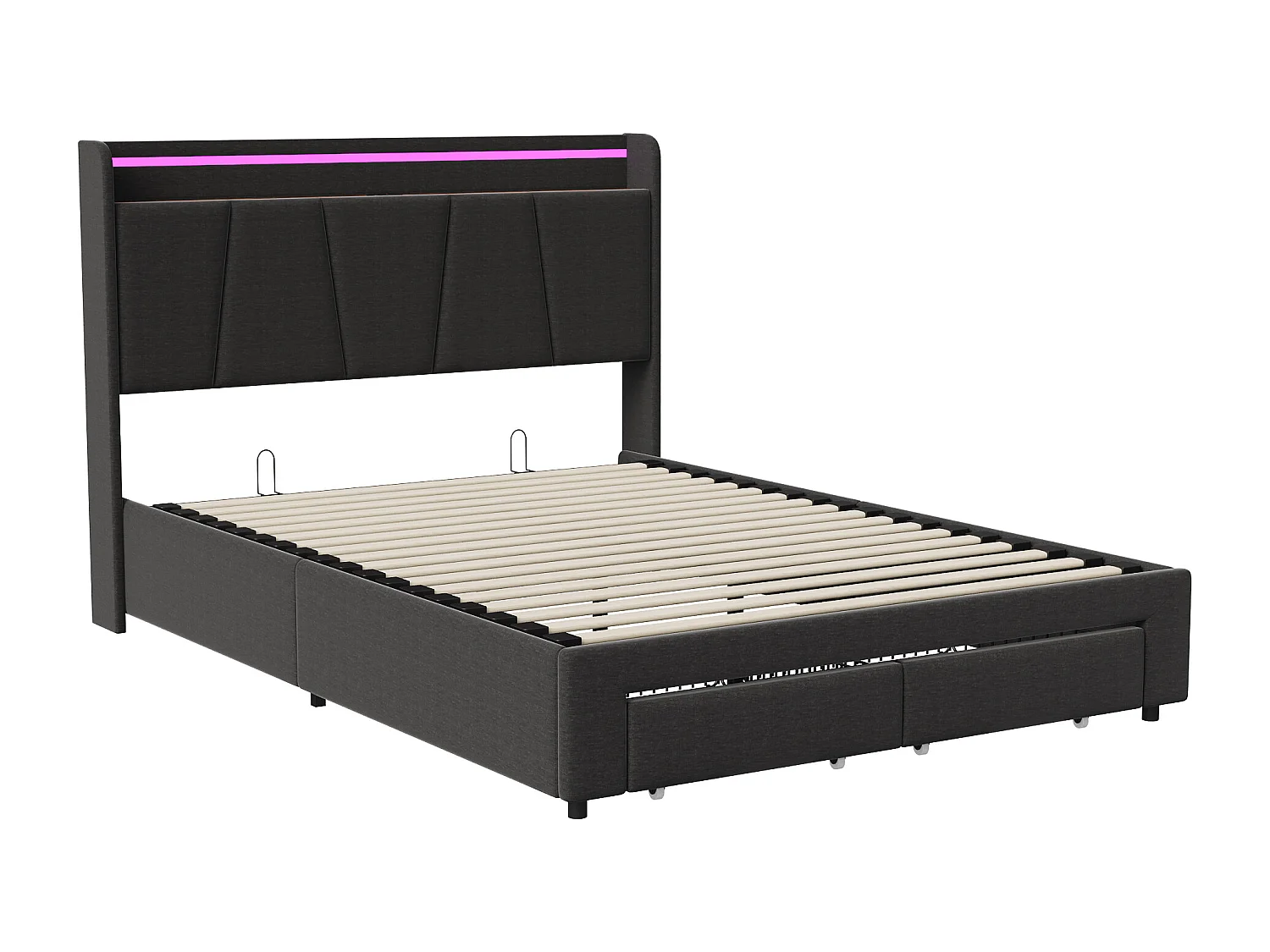 Lit 140x190 cm - NEXU - LED - USB et Type C - tissu en lin - 2 tiroirs - cadre de lit coffre 140x190 cm - Gris foncé