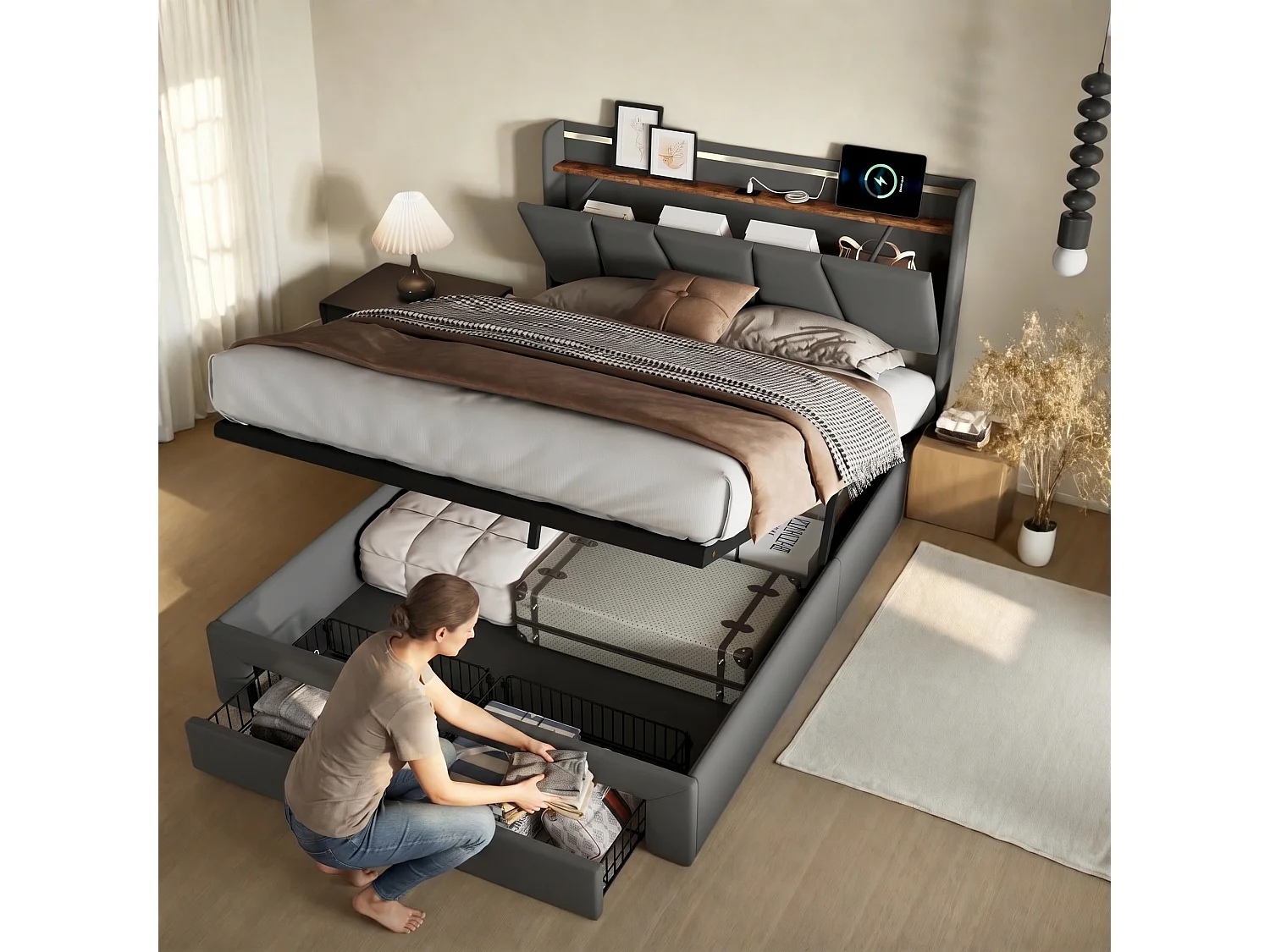 NEXU Lit coffre 140x190 cm avec 2 tiroirs, LED et ports USB et Type-C, revêtement en tissu de lin gris foncé