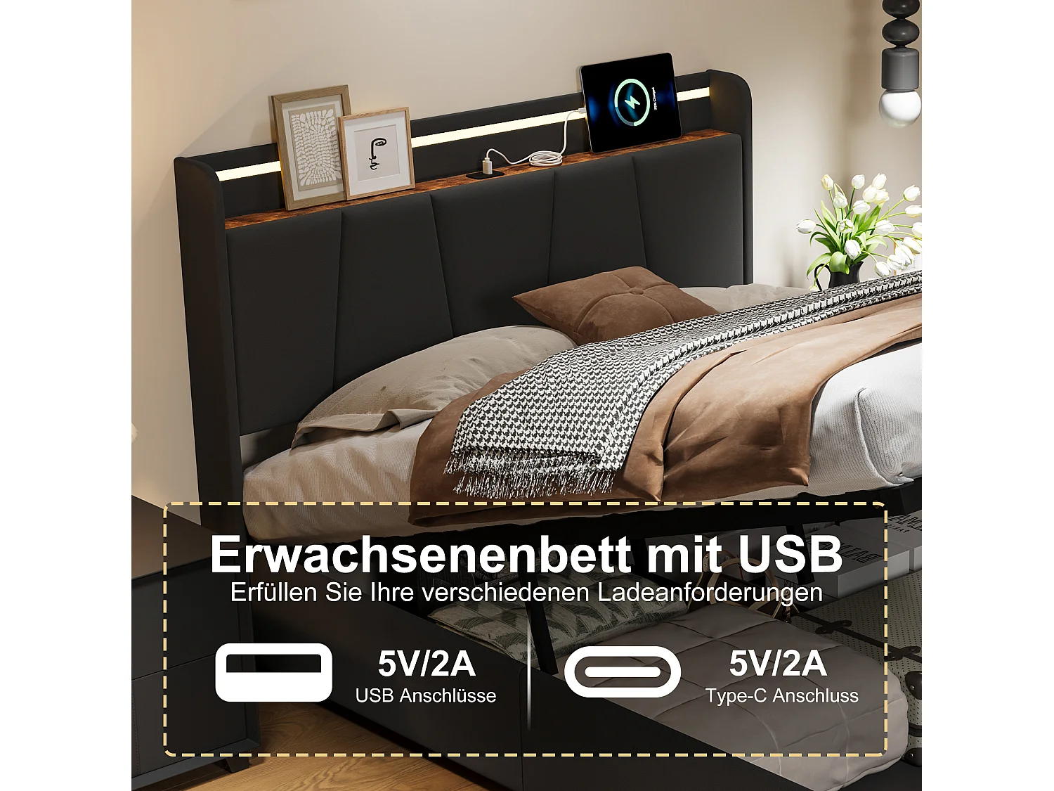 NEXU Lit coffre 140x190 cm avec 2 tiroirs, LED et ports USB et Type-C, revêtement en tissu de lin gris foncé