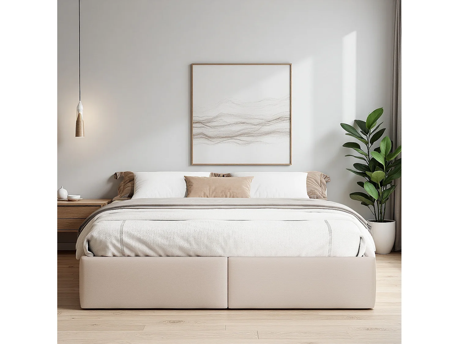 Lit coffre hydraulique 140 x 200 cm - NEXU - Lit double avec rangement sous le lit - cadre de lit en tissu effet lin beige - charge maximale 250 kg