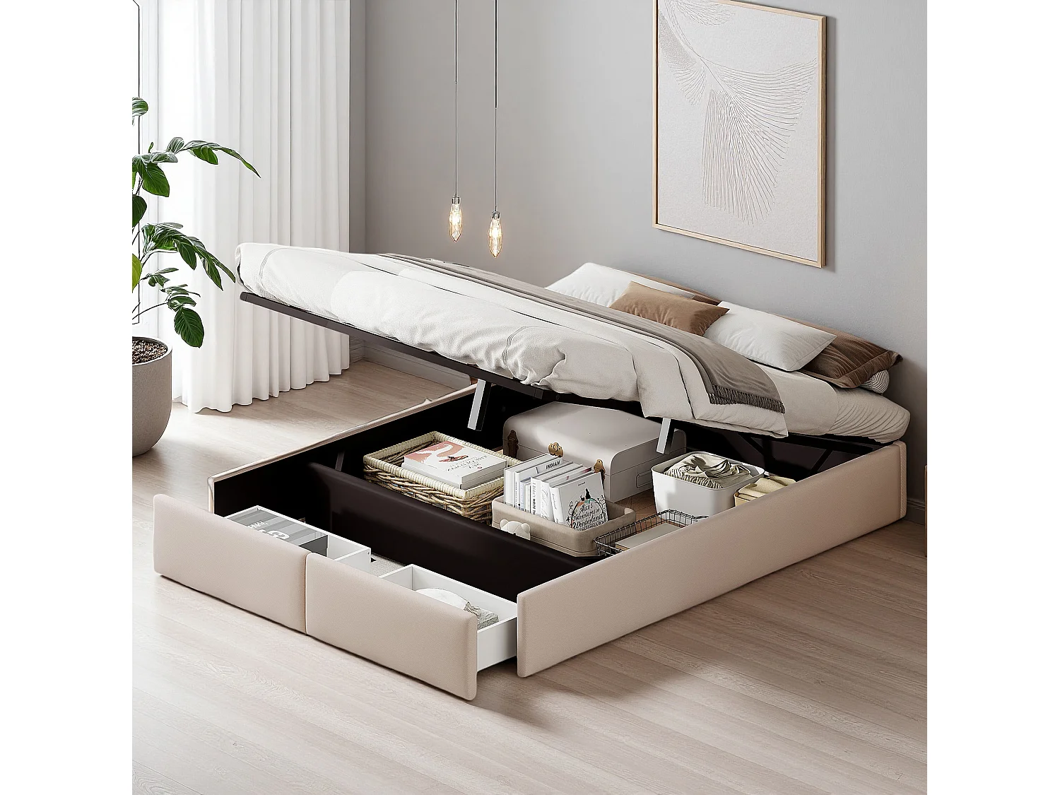 Lit coffre hydraulique 140 x 200 cm - NEXU - Lit double avec rangement sous le lit - cadre de lit en tissu effet lin beige - charge maximale 250 kg