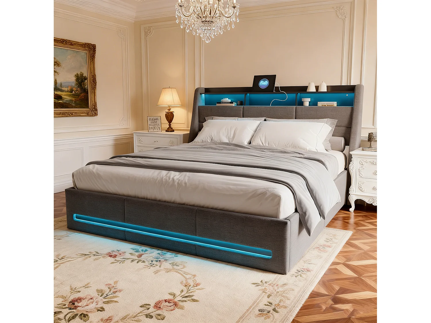 Lit 140 x 190 CM avec Multiprise et LED Réglable - Avec tête de Lit - Lit Hydraulique avec Rangement sous le lit - Lin gris