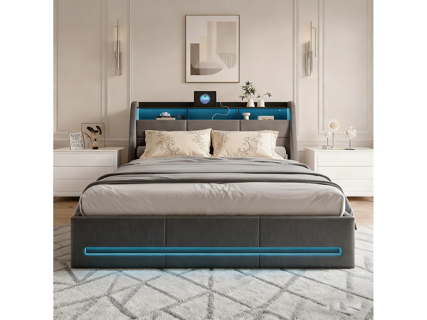 Lit 140 x 190 CM avec Multiprise et LED Réglable - Avec tête de Lit - Lit Hydraulique avec Rangement sous le lit - Lin gris