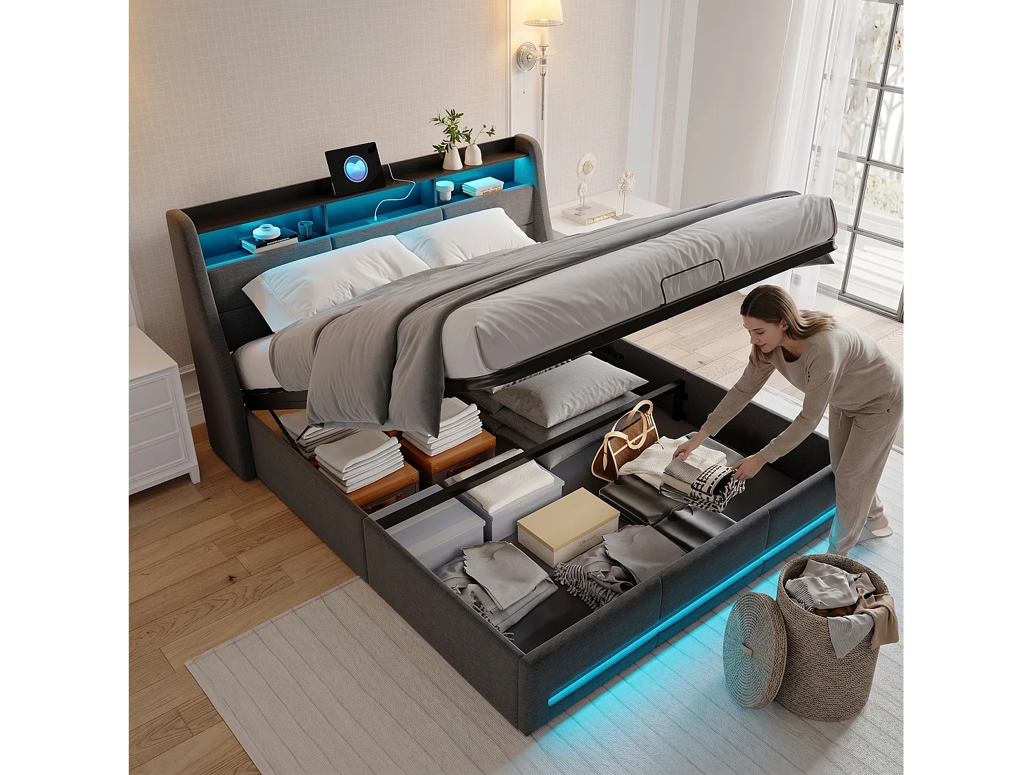 Lit 140 x 190 CM avec Multiprise et LED Réglable - Avec tête de Lit - Lit Hydraulique avec Rangement sous le lit - Lin gris