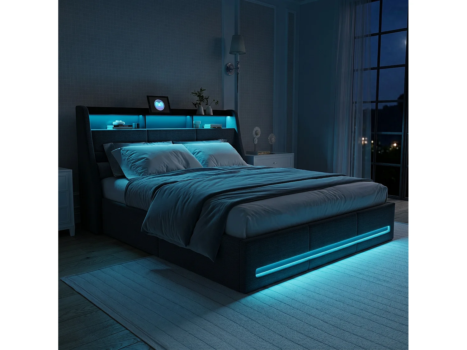 Lit 140 x 190 CM avec Multiprise et LED Réglable - Avec tête de Lit - Lit Hydraulique avec Rangement sous le lit - Lin gris