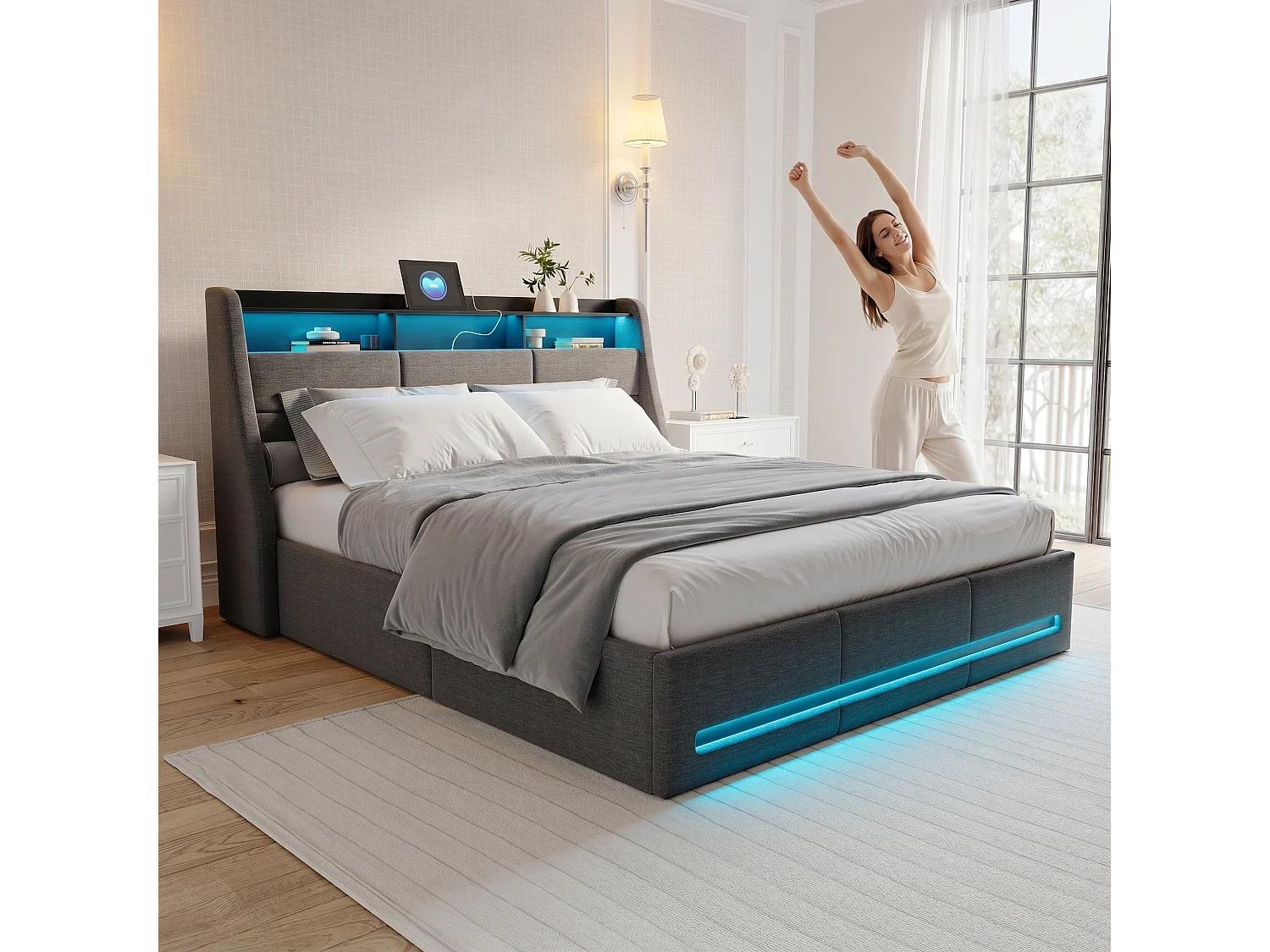 Lit 140 x 190 CM avec Multiprise et LED Réglable - Avec tête de Lit - Lit Hydraulique avec Rangement sous le lit - Lin gris