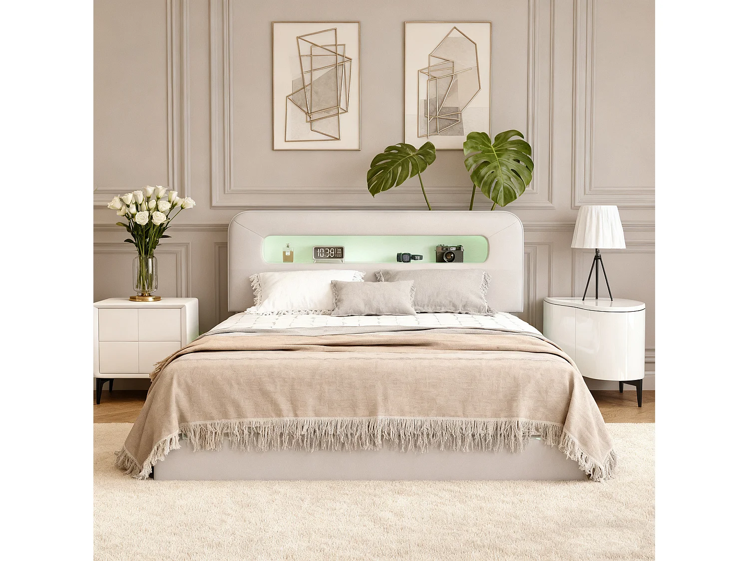 Bed van 140x200 cm met ledverlichting, tweepersoonsbed en opbergbed, bedframe met lattenbodem, volwassenenbed, fluweel, beige