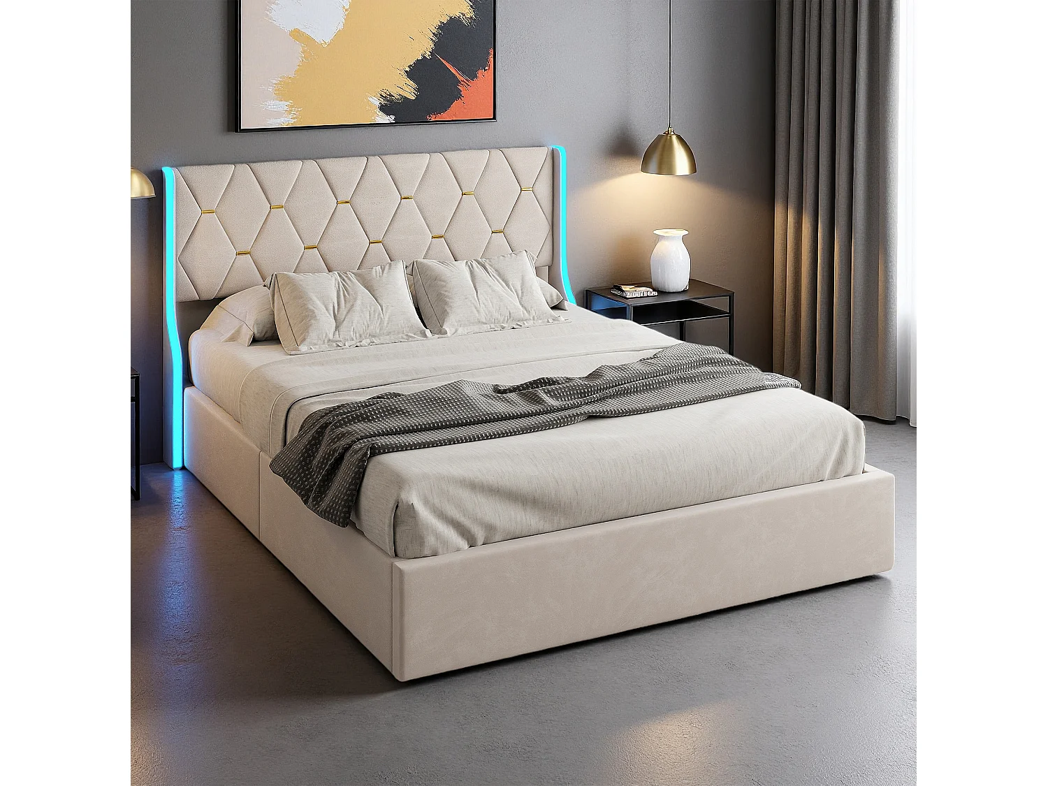 Lit coffre 140x190 cm - LED réglable - Hydraulique - moderne - cadre de lit 140x190 cm - Velours - Beige