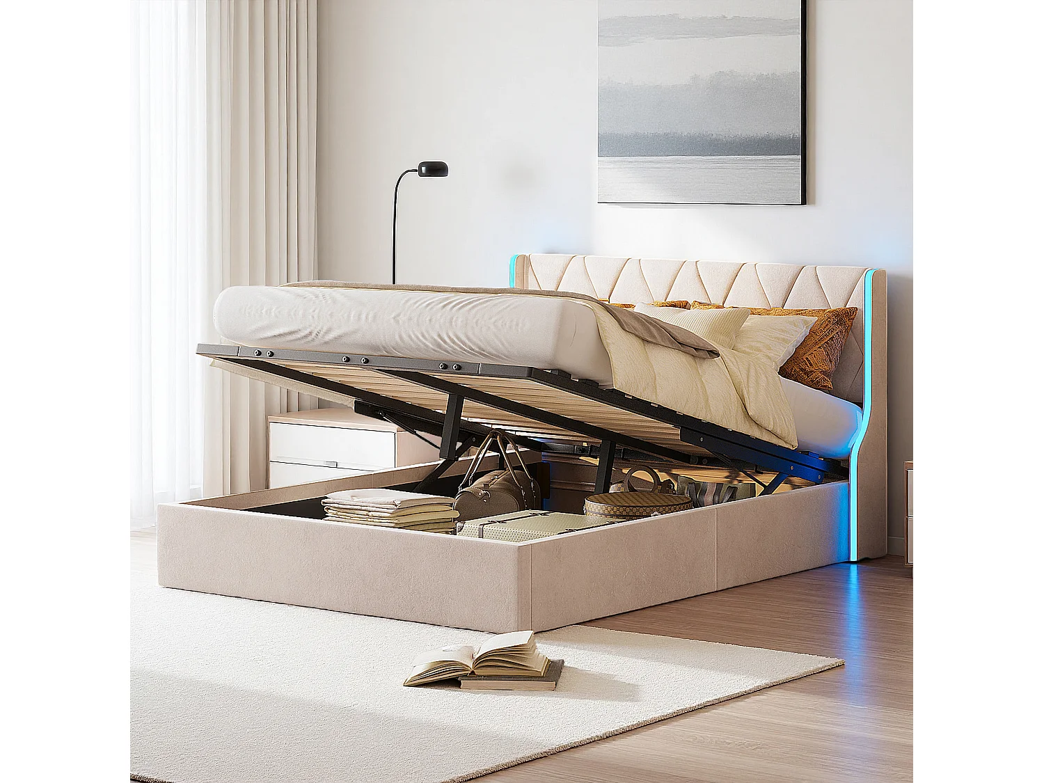 Lit coffre 140x190 cm - LED réglable - Hydraulique - moderne - cadre de lit 140x190 cm - Velours - Beige