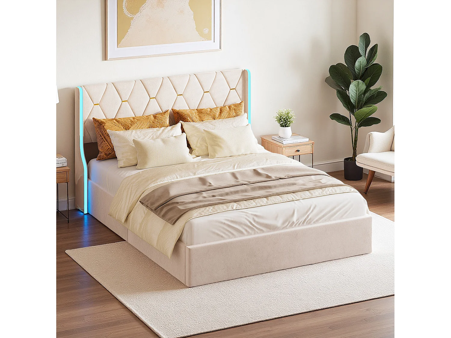 Lit coffre 140x190 cm - LED réglable - Hydraulique - moderne - cadre de lit 140x190 cm - Velours - Beige