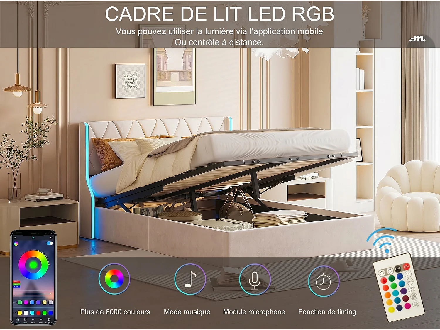 Opbergbed 140x190 cm - Verstelbare LED - Hydraulisch - modern - bedframe 140x190 cm - Fluweel - Beige