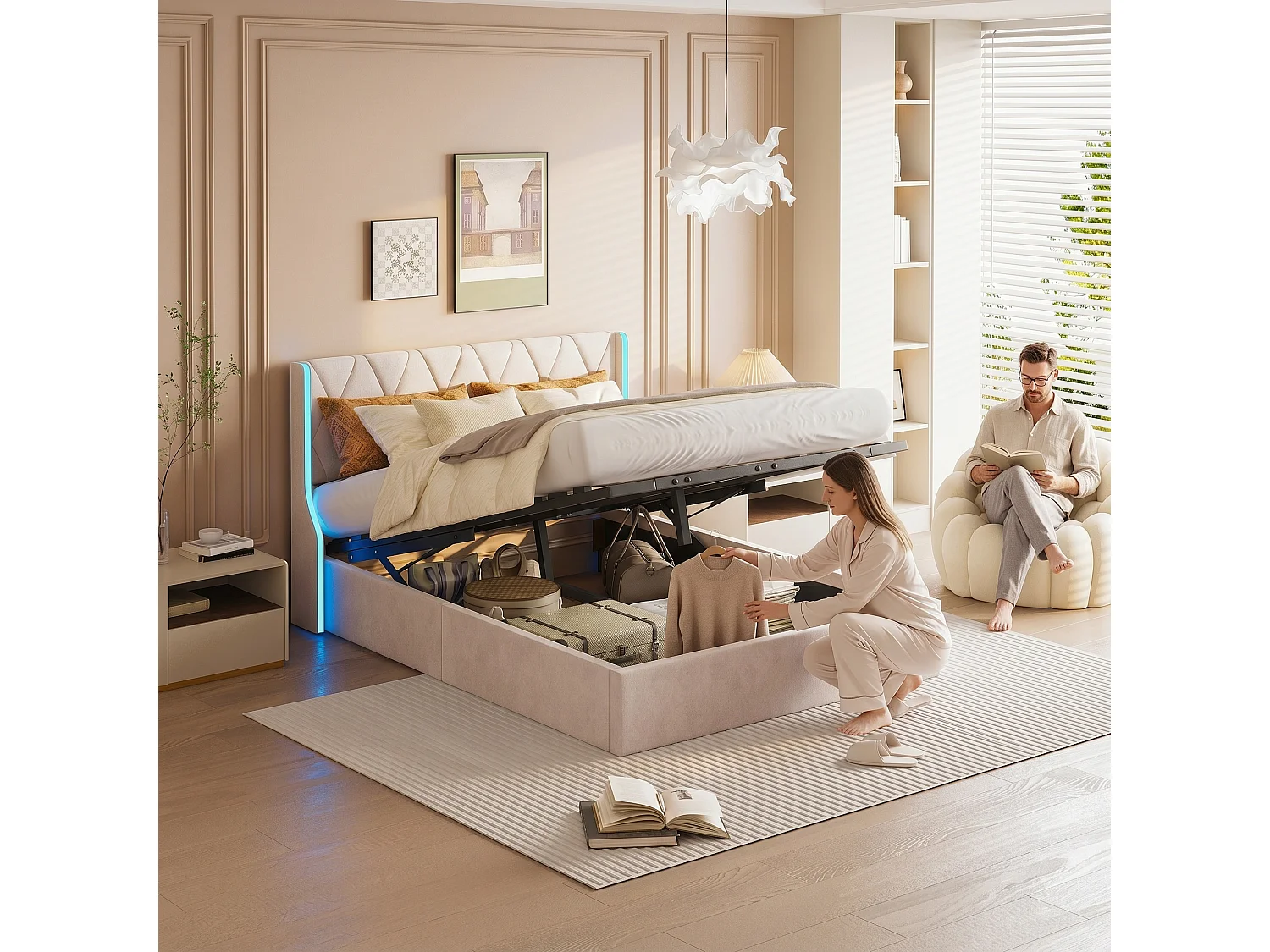 Opbergbed 140x190 cm - Verstelbare LED - Hydraulisch - modern - bedframe 140x190 cm - Fluweel - Beige