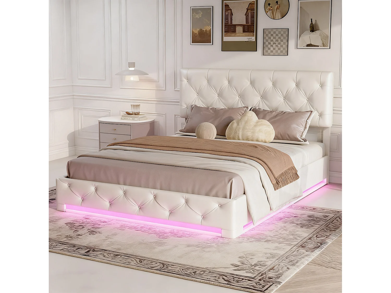 Lit coffre 140x190 cm, LED, contemporain, lit adulte, lit double, lit 140x190 cm, sommier à lattes, Lin beige