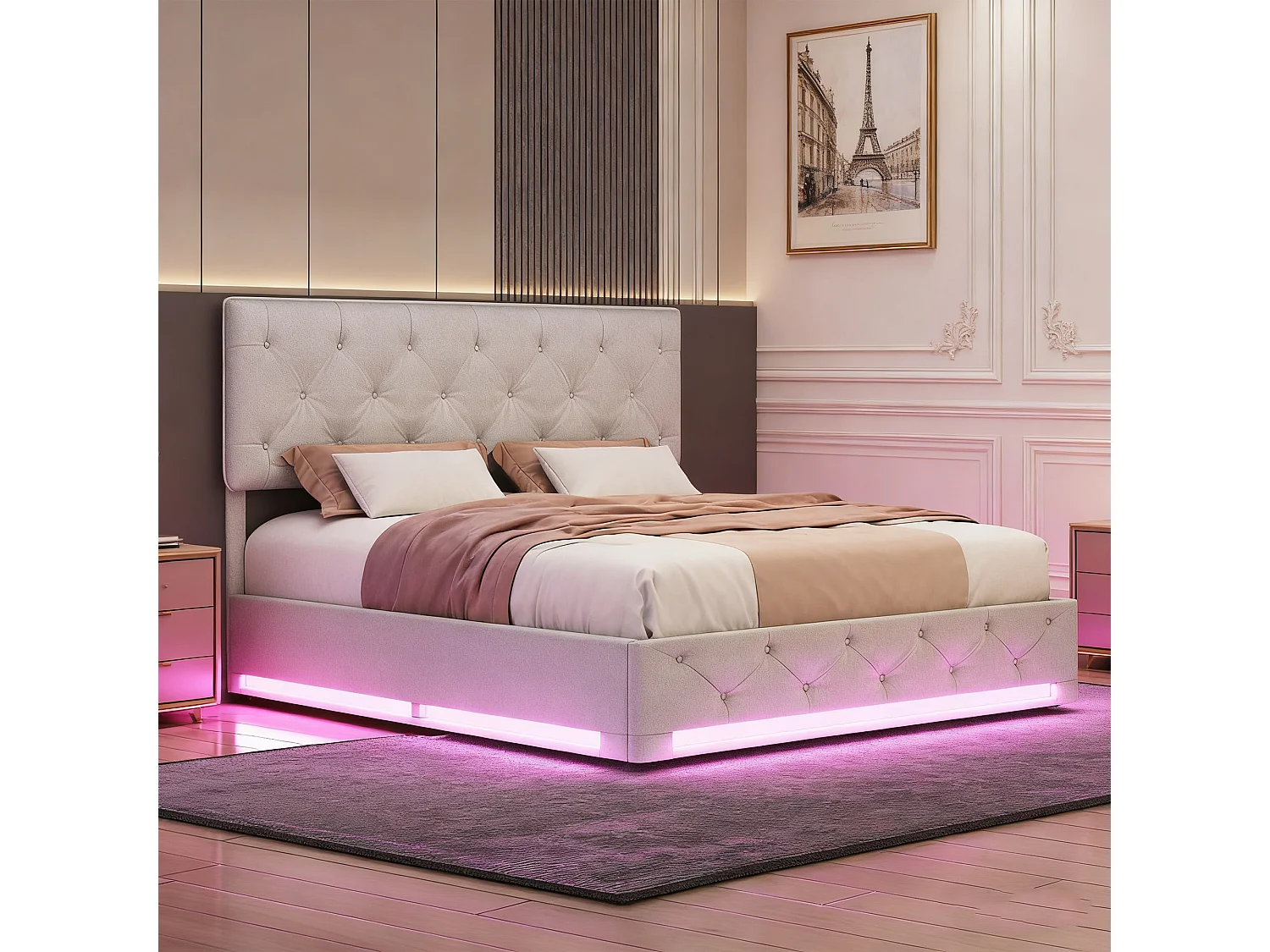 Lit coffre 140x190 cm, LED, contemporain, lit adulte, lit double, lit 140x190 cm, sommier à lattes, Lin beige
