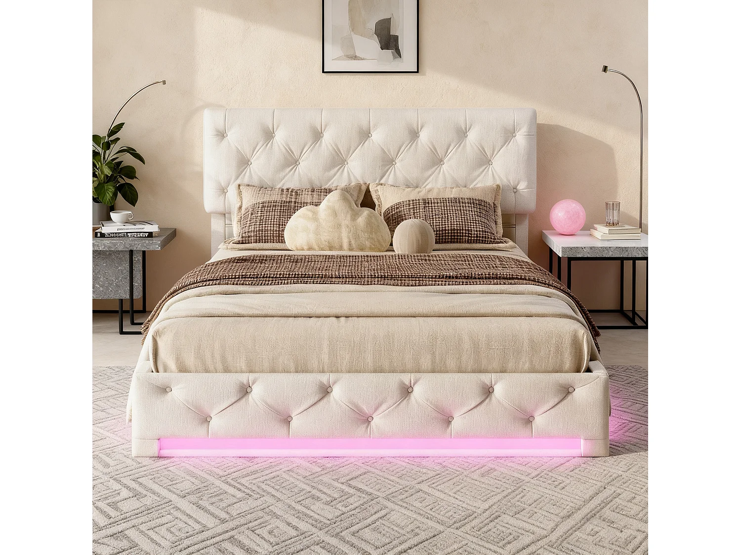 Lit coffre 140x190 cm, LED, contemporain, lit adulte, lit double, lit 140x190 cm, sommier à lattes, Lin beige