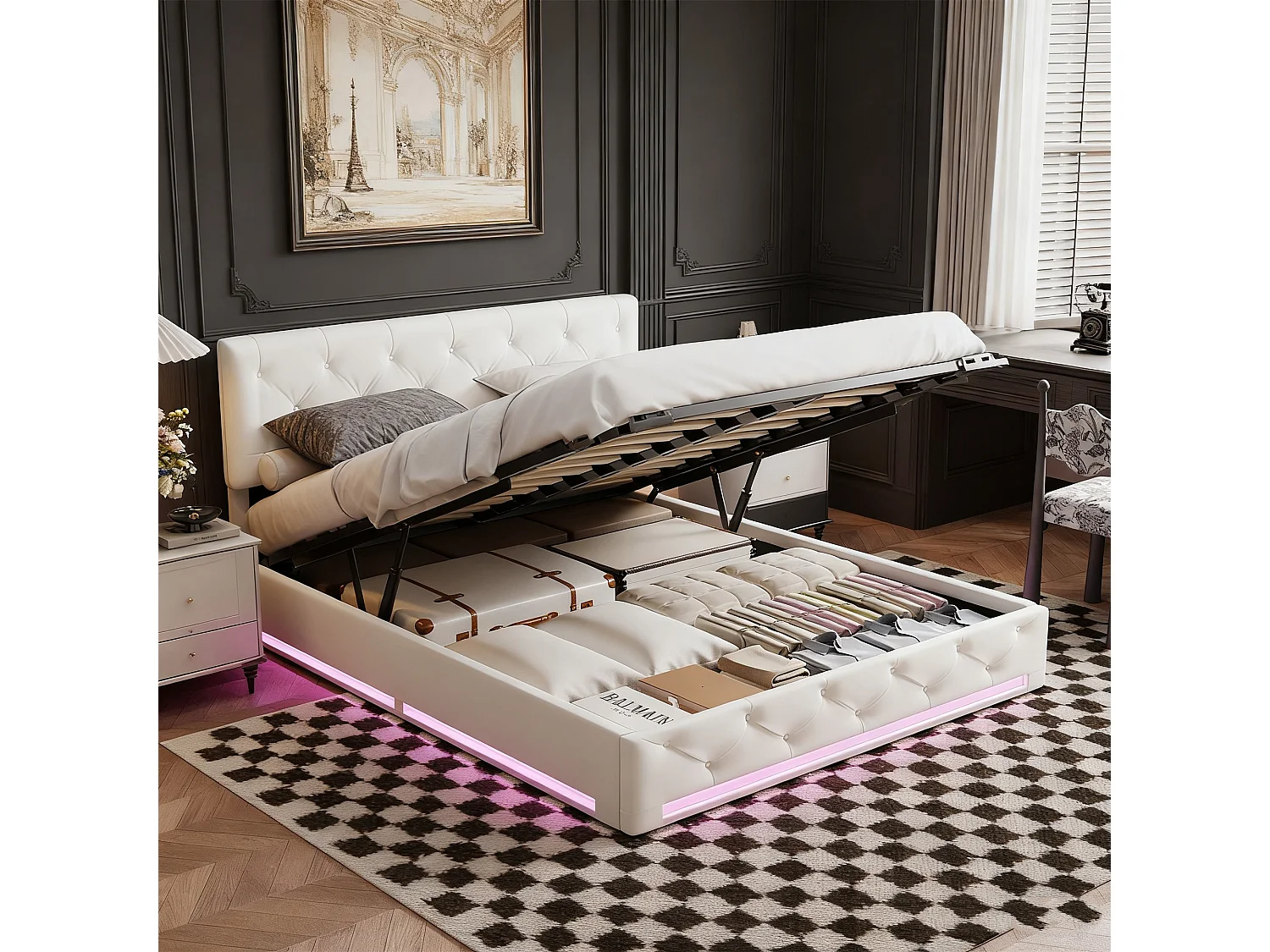 Lit coffre 140x190 cm, LED, contemporain, lit adulte, lit double, lit 140x190 cm, sommier à lattes, Lin beige