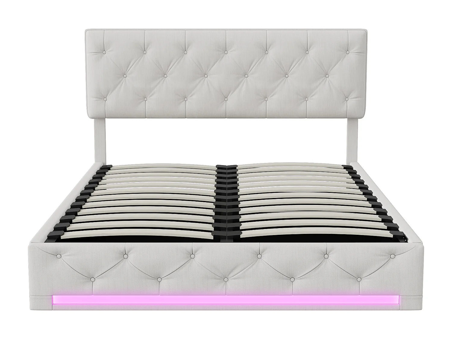 Lit coffre 140x190 cm, LED, contemporain, lit adulte, lit double, lit 140x190 cm, sommier à lattes, Lin beige