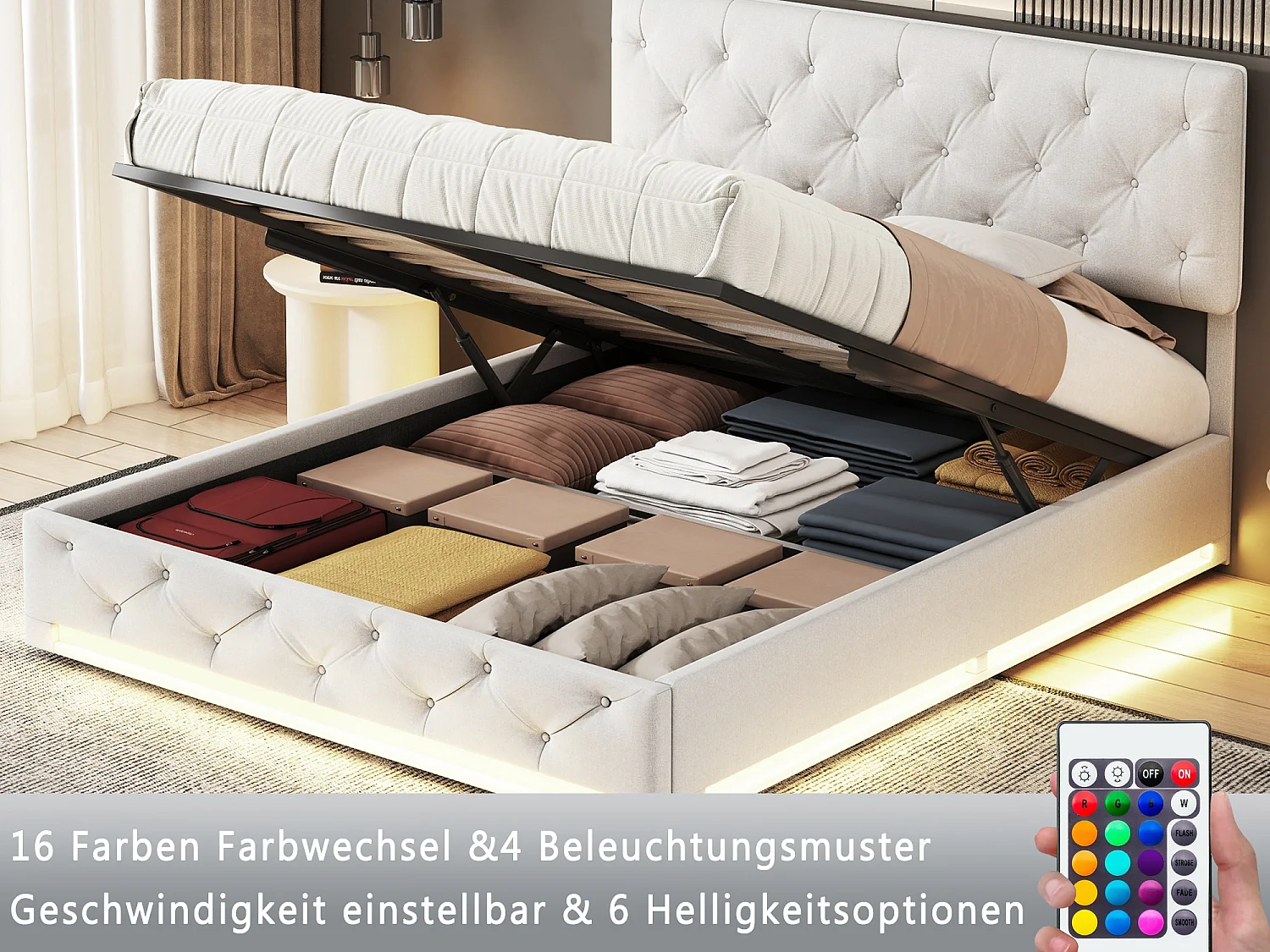 Lit coffre 140 x 190 cm - Lit adulte double avec sommier à lattes et LED intégrée - tissu effet lin beige
