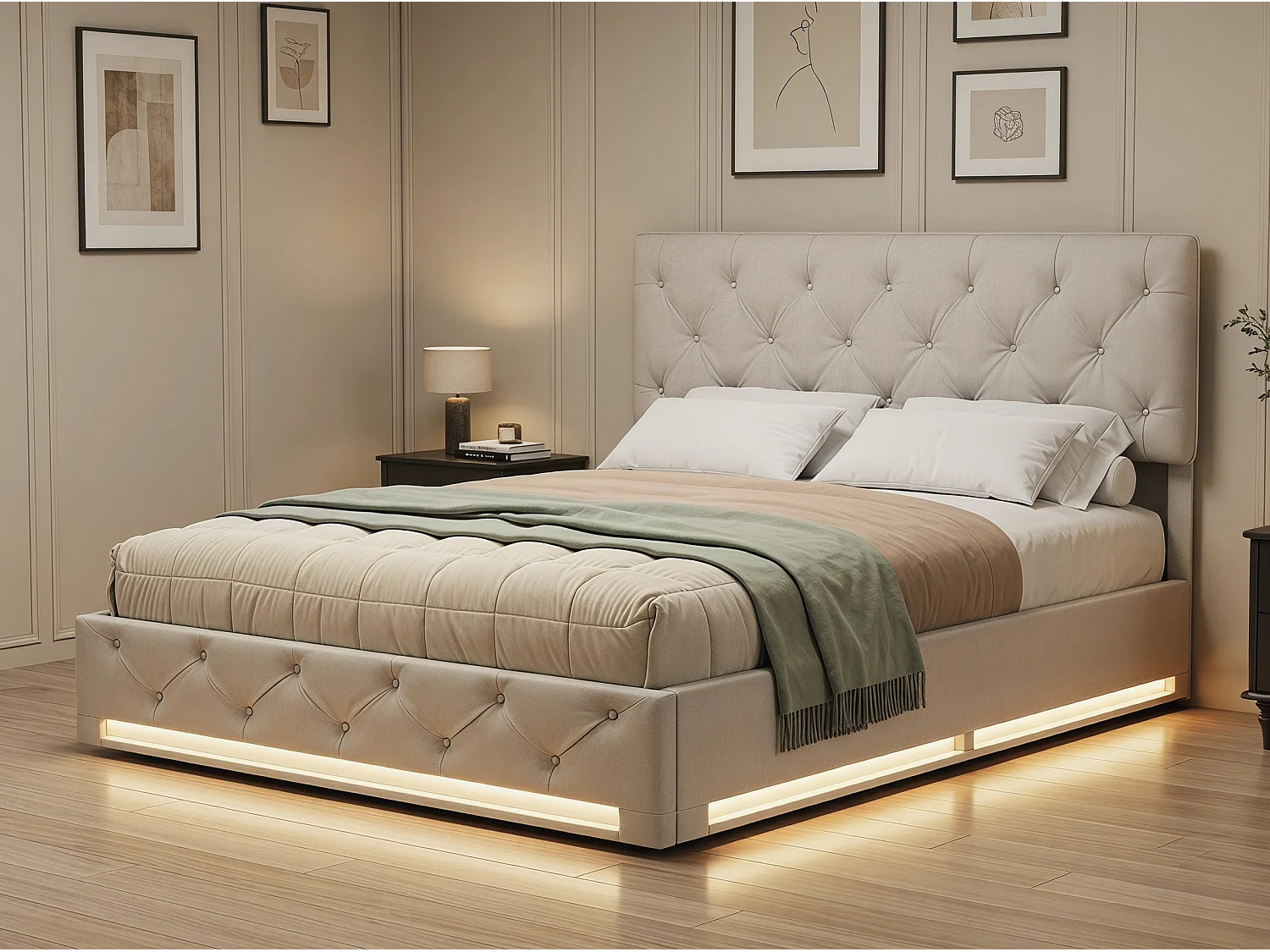 Lit coffre 140 x 200 cm - Lit adulte double avec sommier à lattes et LED intégrée - tissu effet lin beige