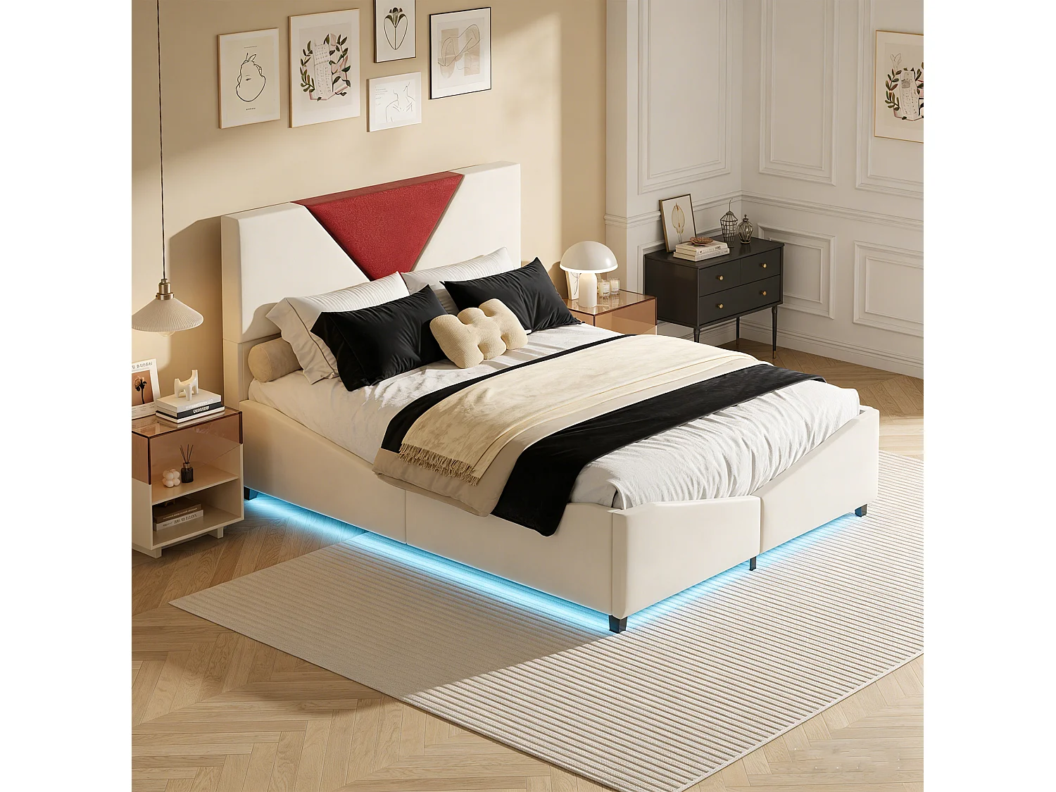 Lit coffre 140x190 cm - POCKETPOP - Velours blanc cassé - Éclairage LED - Rangement hydraulique - 2 places