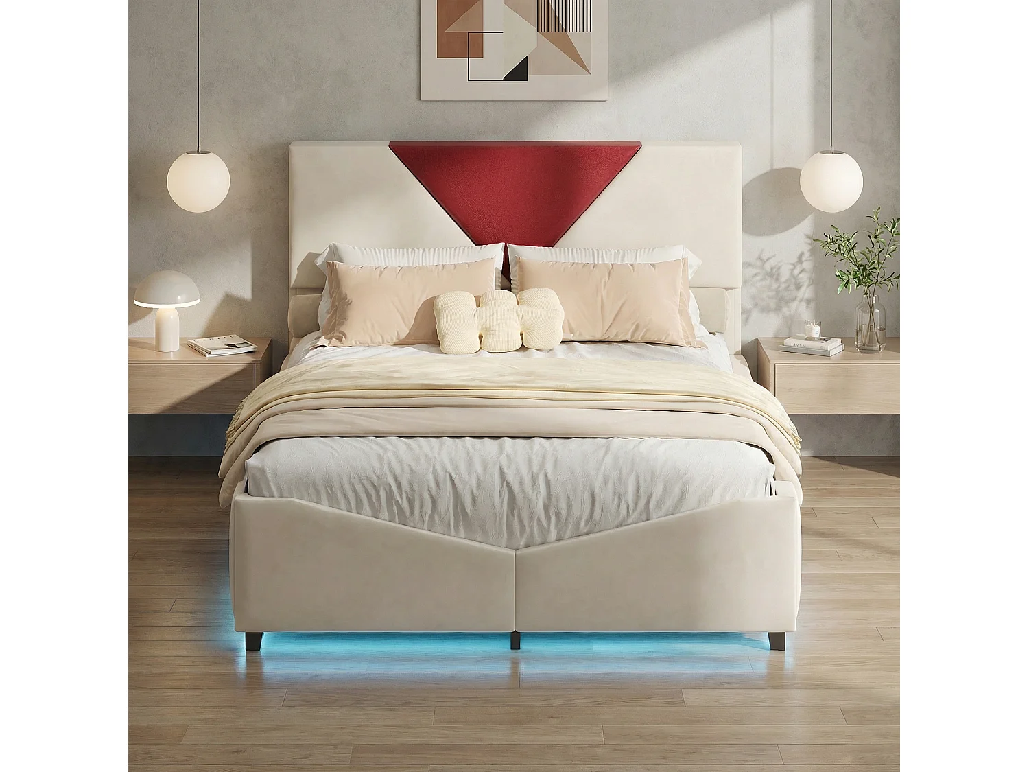 Lit coffre 140x190 cm - POCKETPOP - Velours blanc cassé - Éclairage LED - Rangement hydraulique - 2 places