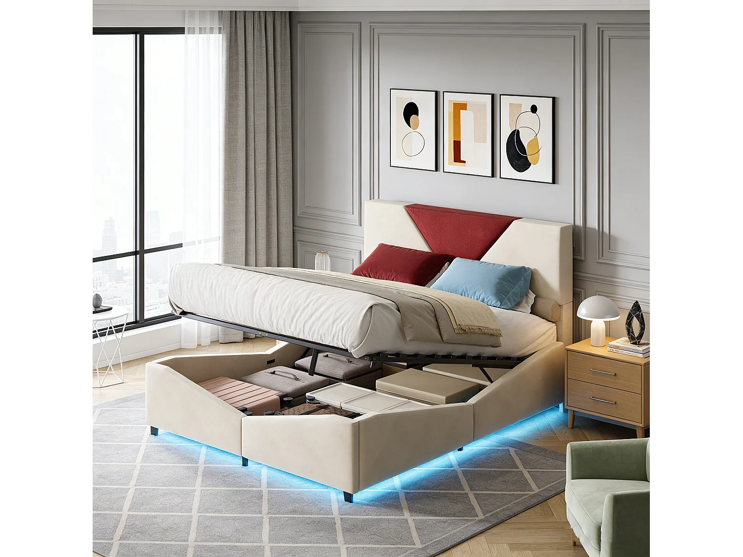 Lit coffre 140x190 cm - POCKETPOP - Velours blanc cassé - Éclairage LED - Rangement hydraulique - 2 places