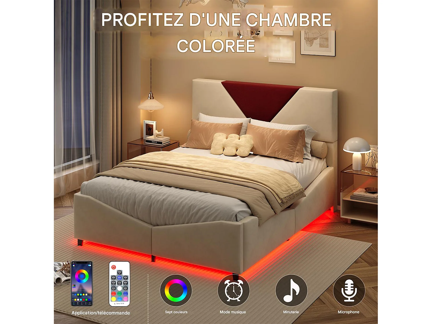 Lit coffre 140x190 cm - POCKETPOP - Velours blanc cassé - Éclairage LED - Rangement hydraulique - 2 places