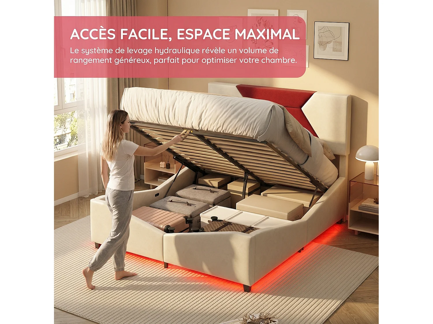 Lit coffre 140 x 190 cm avec rangement hydraulique – Éclairage LED et revêtement en velours blanc cassé – POCKETPOP