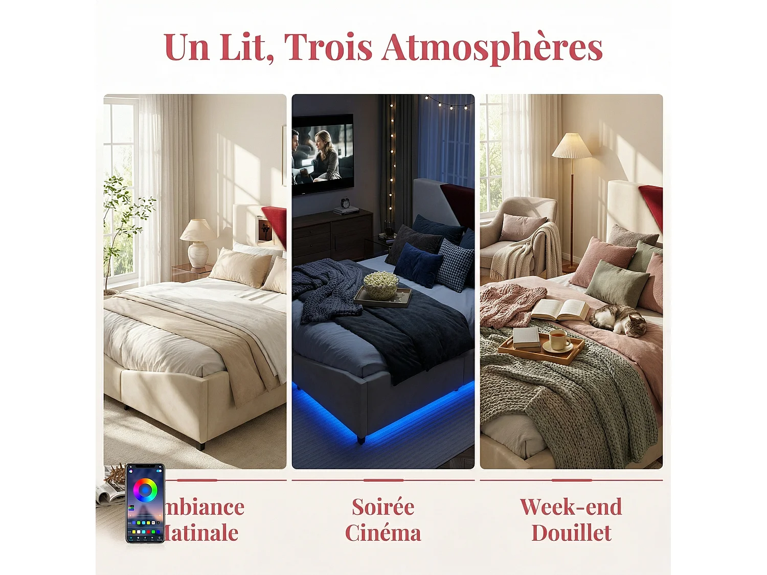 Lit coffre 140 x 190 cm avec rangement hydraulique – Éclairage LED et revêtement en velours blanc cassé – POCKETPOP
