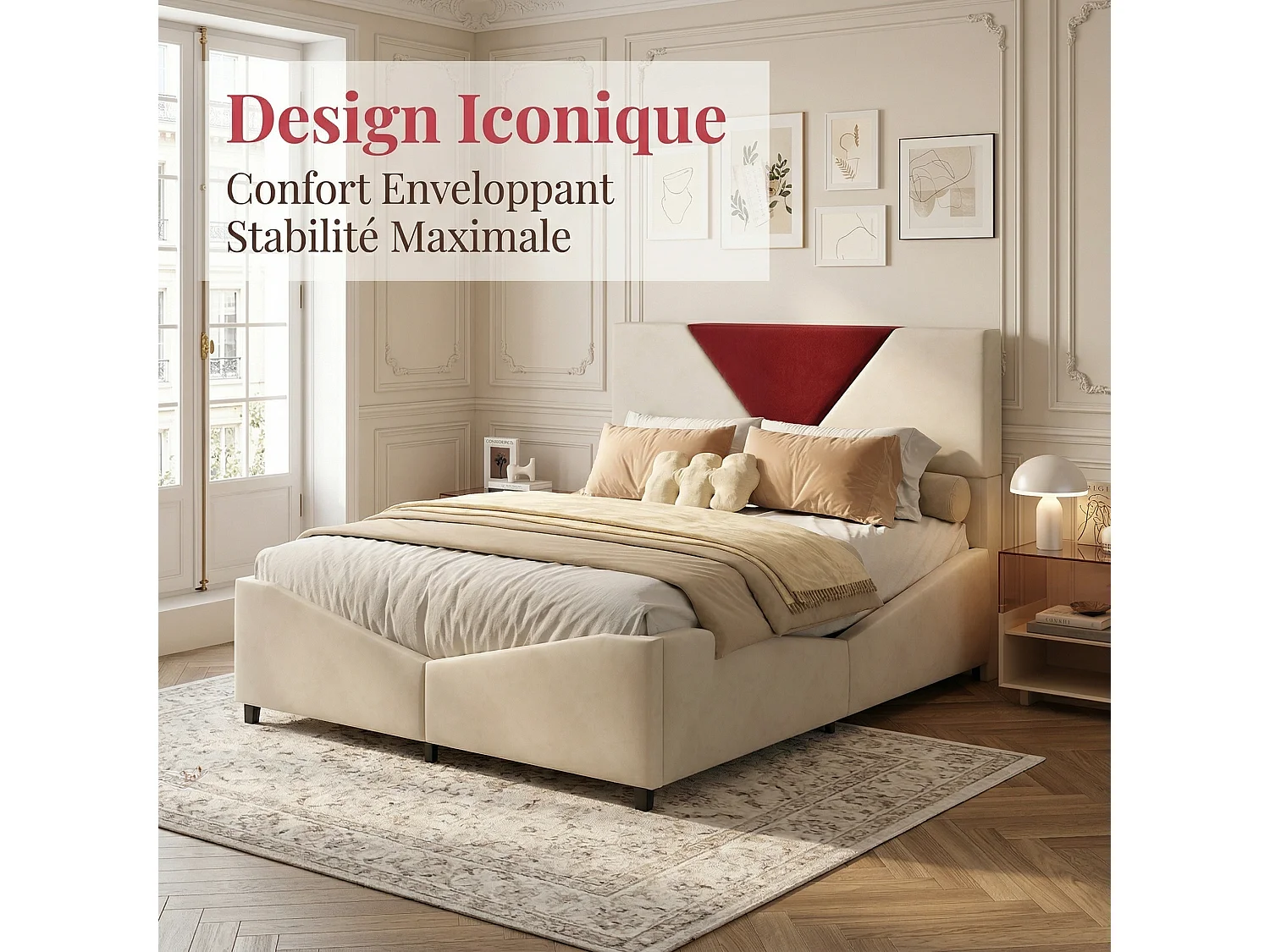 Lit coffre 140 x 190 cm avec rangement hydraulique – Éclairage LED et revêtement en velours blanc cassé – POCKETPOP